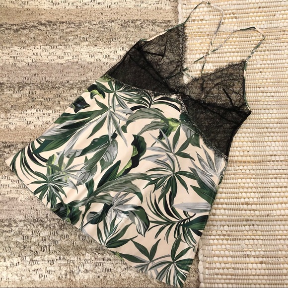 Victoria's Secret Other - Victoria’s Secret Pink Green Black Tropical Leaves Lace Chemise Slip Dress